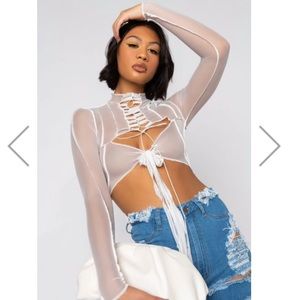 NWT DREAMLAND MESH LACE UP BLOUSE - Akira